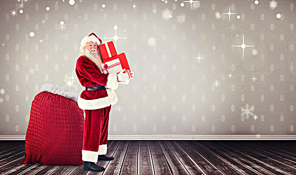 合成效果,图像,圣诞老人,堆,礼物,房间,木地板