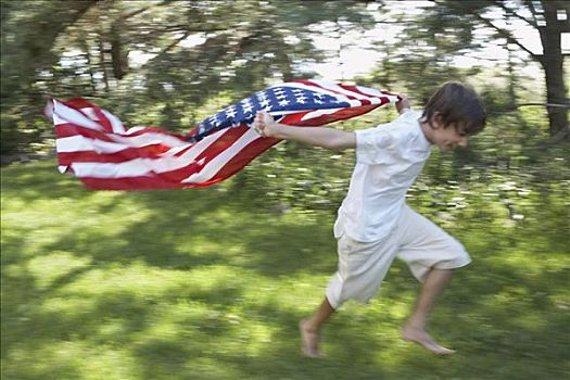 男孩,跑,美国国旗