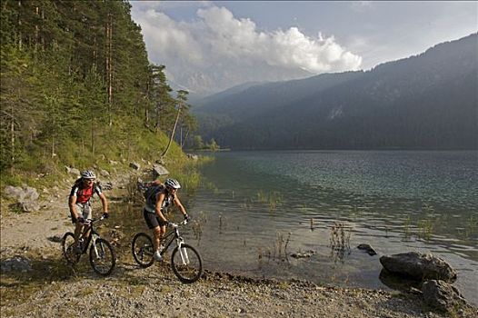 山地车,骑手,湖,上巴伐利亚,巴伐利亚,德国,欧洲