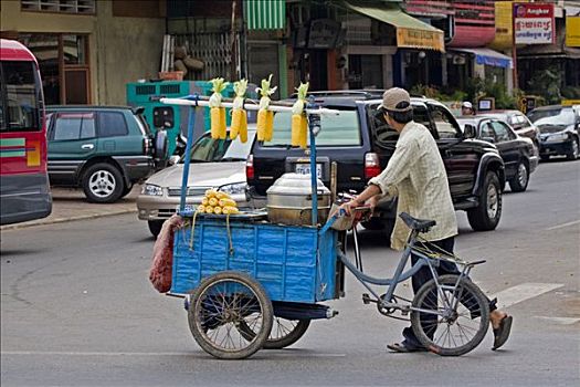 玉米,摊贩,走,街道,手推车,金边,柬埔寨,东南亚