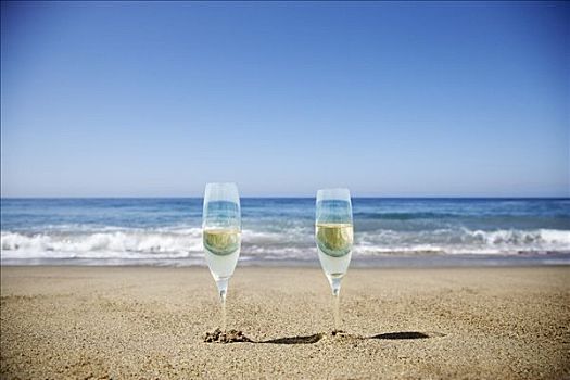 香槟酒杯,沙子,海滩,加利福尼亚