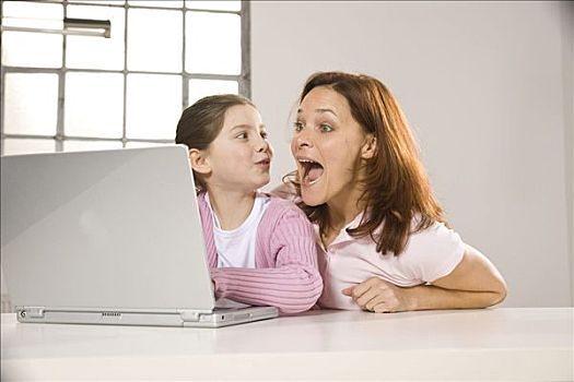母女,乐趣,电脑
