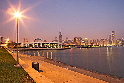 美国,伊利诺斯,芝加哥,摩天大楼,密歇根湖,黎明