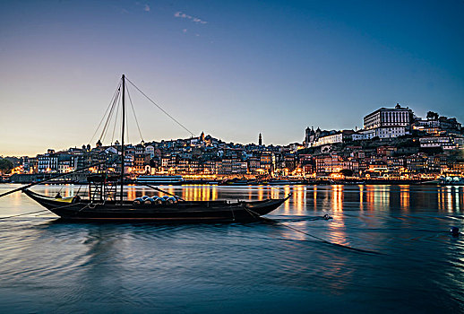水岸,城市,后面,停泊,船,夜晚,波尔图,葡萄牙