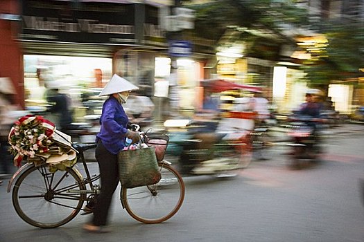 女人,花,自行车,老城区,河内,越南