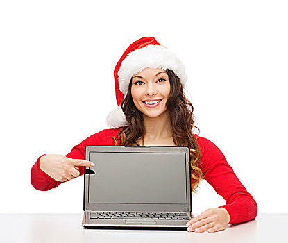 圣诞节,圣诞,电子产品,小物件,概念,微笑,女人,圣诞老人,帽子,留白,显示屏,笔记本电脑