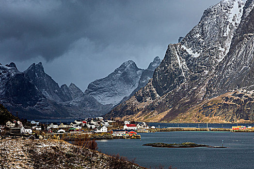渔村,水岸,仰视,雪,崎岖,山,瑞恩,罗弗敦群岛,挪威