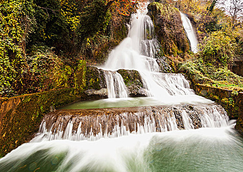 瀑布,河,秋天,色彩,叶子,希腊