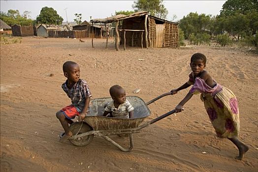 孩子,玩,手推车,非洲,村庄,南方,省,赞比亚