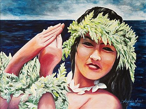 肖像,美女,夏威夷,女孩,草裙舞,海洋,背景,油画
