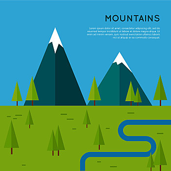 山,概念,矢量,风格,设计,草地,树,河,雪冠,地平线,旗帜,环境,生态,旅游,网页