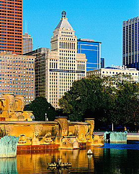 摩天大楼,城市,白金汉喷泉,格兰特公园,芝加哥,伊利诺斯,美国