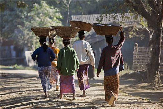 缅甸,女人,市场,编织物,竹篮,头部