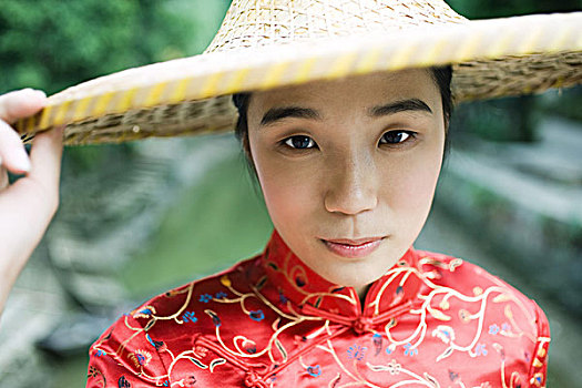 美女,衣服,传统,中国人,拿着,边缘,帽子