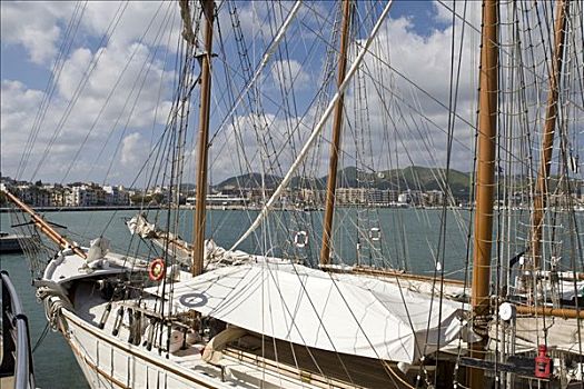两个,历史,帆船,宽阔,索具,港口,伊比沙岛,巴利阿里群岛,西班牙