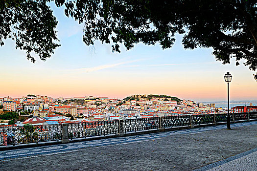 俯视,里斯本,拜洛阿尔托,日落,城堡,圣乔治,远景,葡萄牙