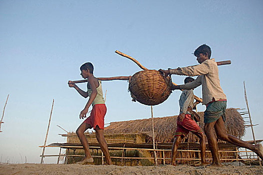 收集,鱼,渔船,早,早晨,库尔纳市,孟加拉,十一月,2008年