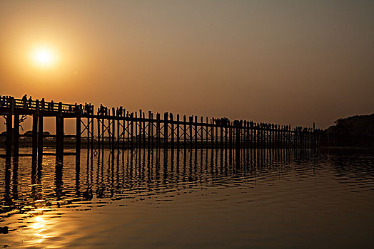 日落,上方,乌本桥,陶塔曼湖,阿马拉布拉,缅甸,亚洲