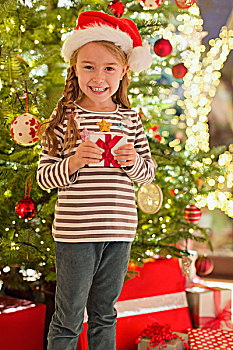 头像,微笑,女孩,圣诞帽,拿着,礼物,正面,圣诞树