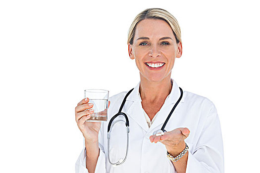 医生,药物,水杯,白色背景