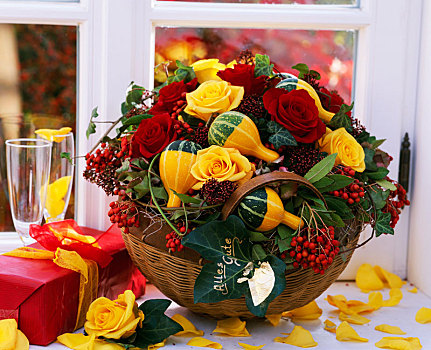 篮子,秋天,安放,玫瑰,观赏葫芦,浆果,装饰