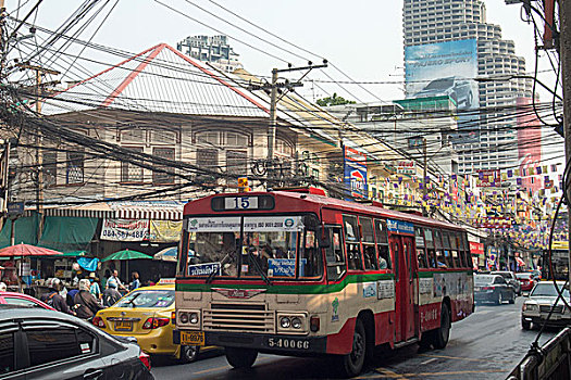 亚洲,泰国,曼谷,河边,城市生活,巴士