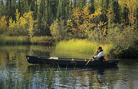 男人,坐,独木舟,加拿大西北地区,加拿大