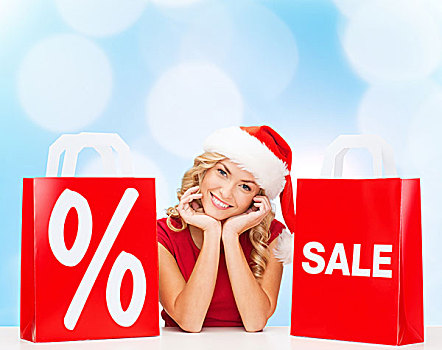 销售,礼物,圣诞节,休假,人,概念,微笑,女人,圣诞老人,帽子,购物袋,百分号,上方,蓝色,背景