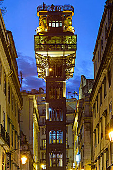 正面,历史,电梯,光亮,夜晚,地区,里斯本,葡萄牙