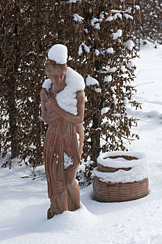 积雪,赤陶,小雕像,正面,鹅耳枥属,树篱