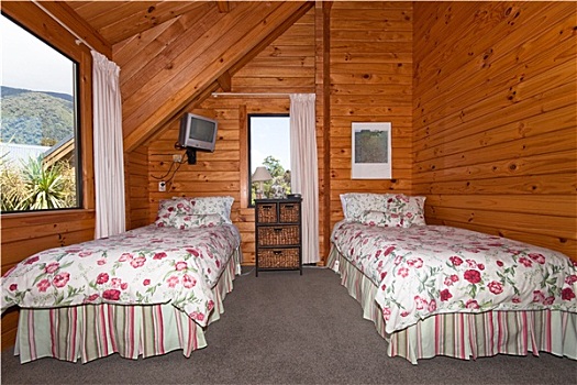 两个,床,木质,住宿,卧室