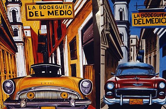 特写,老爷车,绘画,街景,走,女性,古典,正面,哈瓦那老城,老哈瓦那,世界遗产,古巴