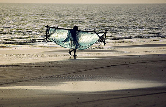渔民,网,海滩,孟加拉,女儿,海洋,一个,自然,斑点,全景,上升,夕阳,湾