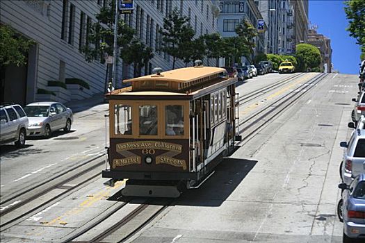 有轨电车,陡峭,街道,山,旧金山,加利福尼亚,美国