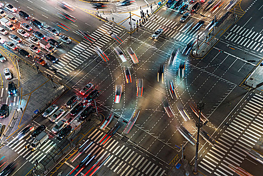俯拍,忙碌,城市街道,连通,人行横道,夜晚,光影,汽车