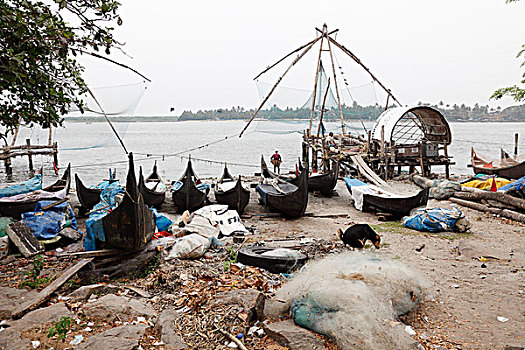 垃圾,正面,渔船,中国人,渔网,高知,堡垒,喀拉拉,印度南部,南亚