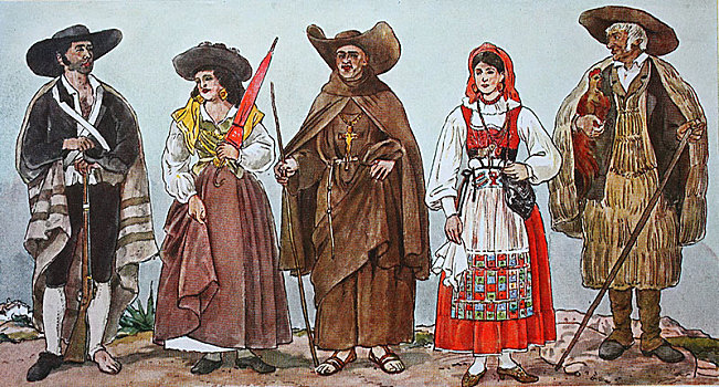 时尚,衣服,葡萄牙,19世纪,插画,欧洲
