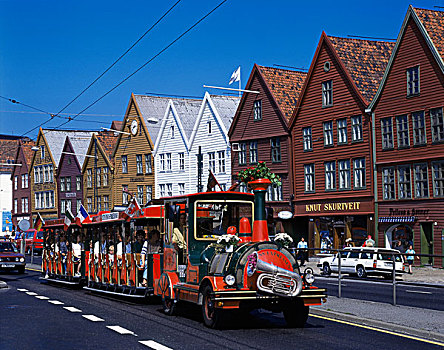 游客,迷你,火车,木质,建筑,码头,卑尔根,挪威,斯堪的纳维亚