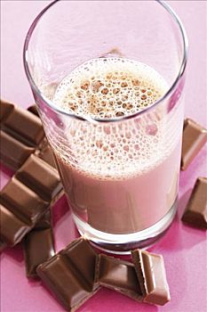 巧克力牛奶,玻璃杯,片,牛奶巧克力,粉色背景