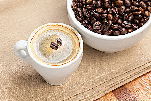 浓咖啡,杯子,满,咖啡豆,粗麻布,表面