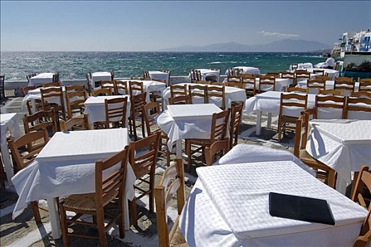 桌子,餐馆,水岸,米克诺斯岛,基克拉迪群岛,希腊,欧洲