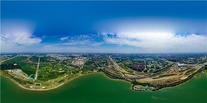 小行星视角,航拍郑州象湖生态湿地公园vr全景图