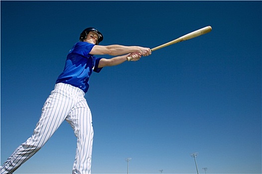 棒球,击球,蓝色,制服,击打,球,竞争,比赛,侧面视角,仰视,倾斜