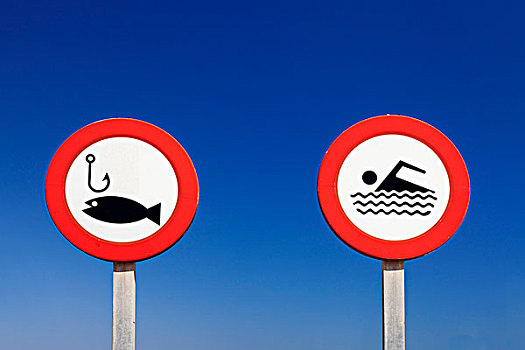 禁止,标识,禁止钓鱼,禁止游泳,港口,南海岸,马略卡岛,巴利阿里群岛,西班牙,欧洲