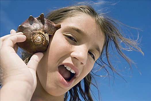 一个,女孩,肖像,拿着,海螺壳