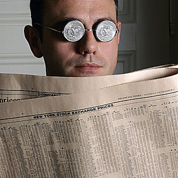 一个,男人,肖像,美元,硬币,眼镜,财经报纸
