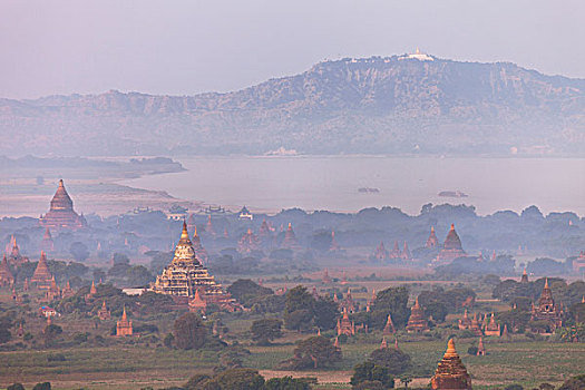 航拍,古老,庙宇,蒲甘,日出,波芭山,背景,缅甸