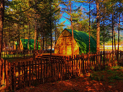 森林里小木屋秋天景观