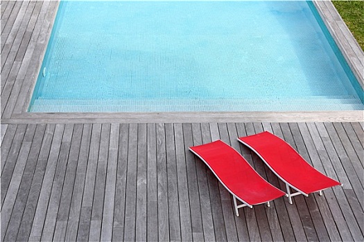 风景,红色,长,椅子,游泳池