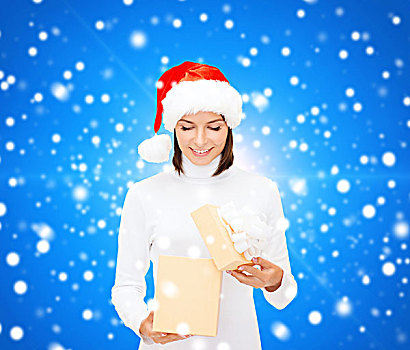 圣诞节,冬天,高兴,休假,人,概念,微笑,女人,圣诞老人,帽子,打开,礼盒,上方,蓝色,雪,背景